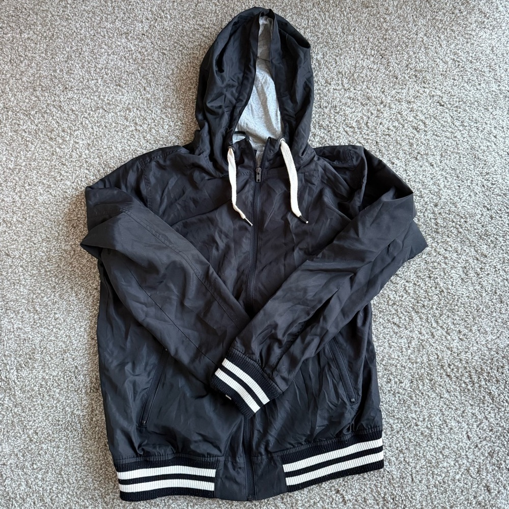 Black Windbreaker Varsity Style Zip Up Jacket with Hood